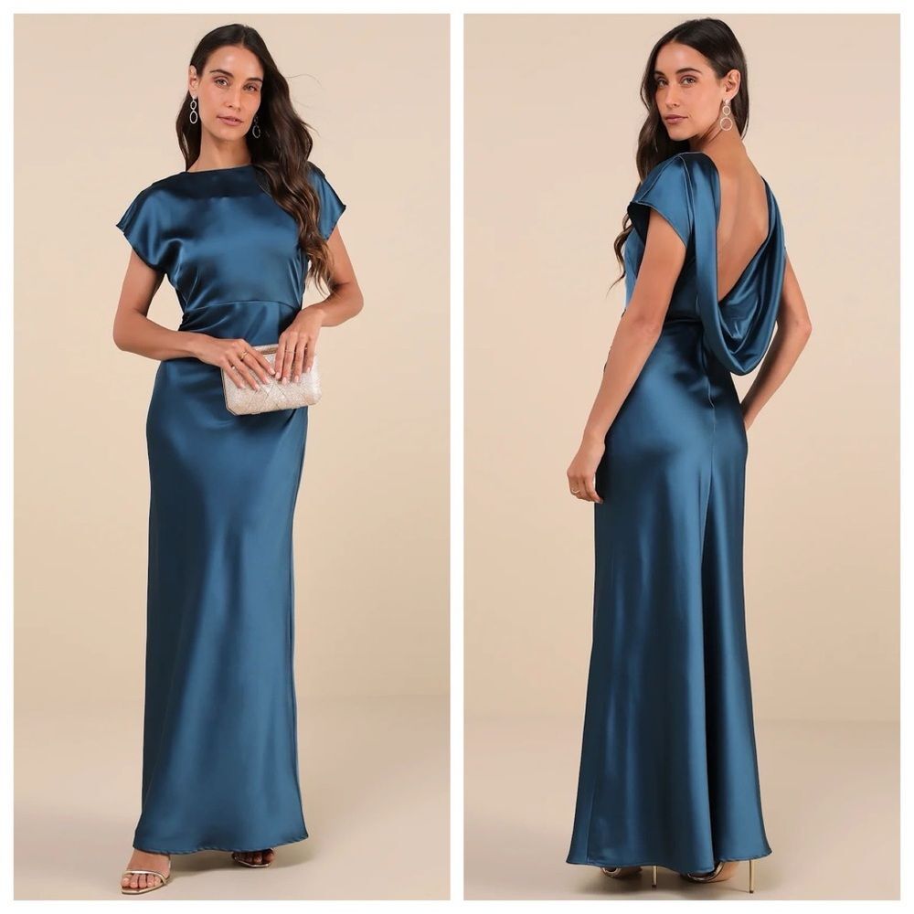 Lulus Captivating Presence Dark Teal Satin Cowl Back Maxi Dress Size Small NEW